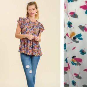 NWT Boutique ruffle neck flutter sleeve peplum top szM